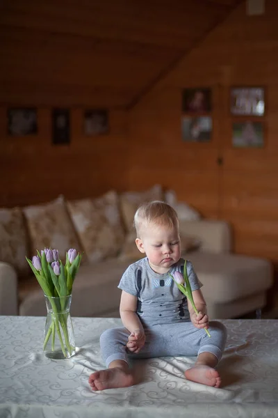 Маленький Мальчик Куча Тюльпанов — стоковое фото