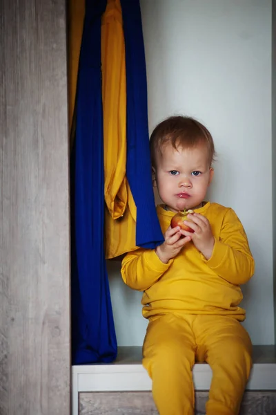 Pequeño Niño Sonriente Sienta Come Una Manzana —  Fotos de Stock