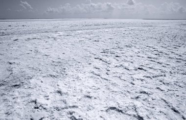 Güneşli bir günde kurumuş tuz gölü ve güzel bir gökyüzü.