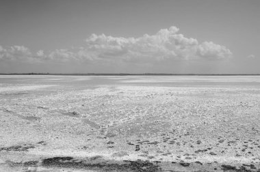 Güneşli bir günde kurumuş tuz gölü ve güzel bir gökyüzü.