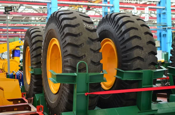 Warehouse with tires for trucks at an industrial plant for the production of cars. The protector of a large rubber wheel. Rubber tire from the tipper. Mounting