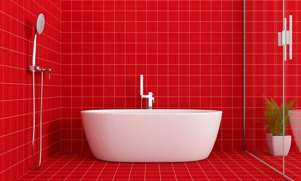 Czerwona łazienka wanna wewnętrzna, renderowanie 3d — Zdjęcie stockowe