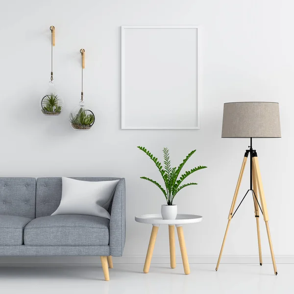 Leerer Fotorahmen für Mockup im Wohnzimmer, 3D-Rendering — Stockfoto