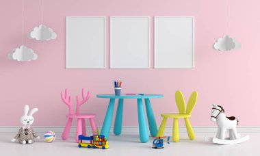 Çocuk odasında üç adet boş fotoğraf çerçevesi, üç boyutlu görüntüleme