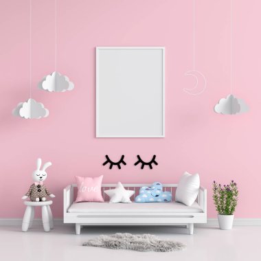 Çocuk odasında mockup için boş fotoğraf çerçevesi, 3d render