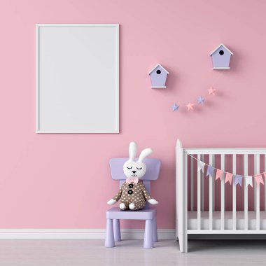 Çocuk odasında mockup için boş fotoğraf çerçevesi, 3d render
