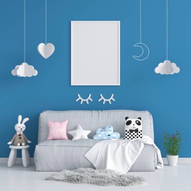Mavi çocuk odasında modelleme için boş fotoğraf çerçevesi, 3D görüntüleme