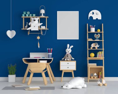 Klasik mavi çocuk odasında modelleme için boş fotoğraf çerçevesi