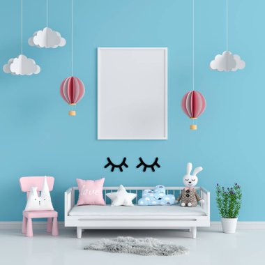 Mavi çocuk odasında modelleme için boş fotoğraf çerçevesi, 3D görüntüleme