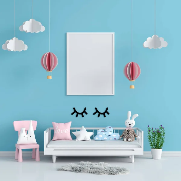 Moldura de foto em branco para mockup na sala de criança azul, renderização 3D — Fotografia de Stock