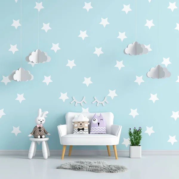 Sofá en habitación infantil azul para maqueta —  Fotos de Stock