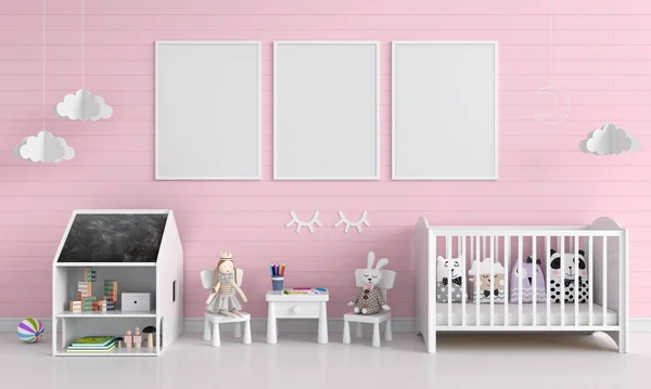 Three blank photo frame for mockup in pink child room — Stock Photo, Image