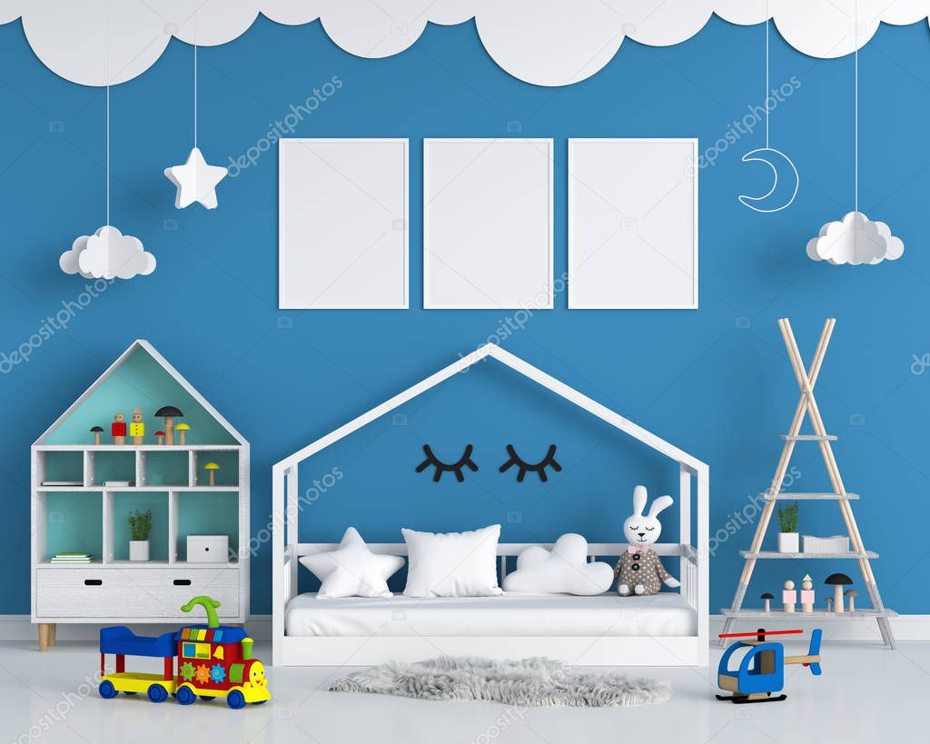 Three empty photo frame for mockup in blue child bedroom