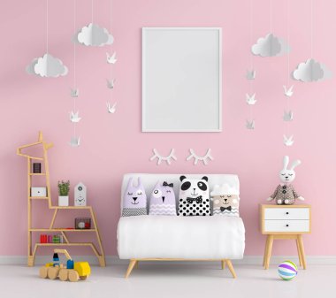 Pembe çocuk odasındaki boş fotoğraf çerçevesi