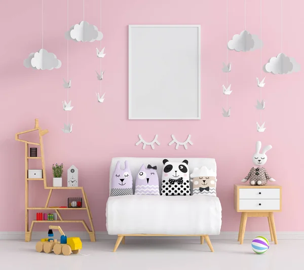 Blank photo frame for mockup in pink child room — Stock Photo, Image