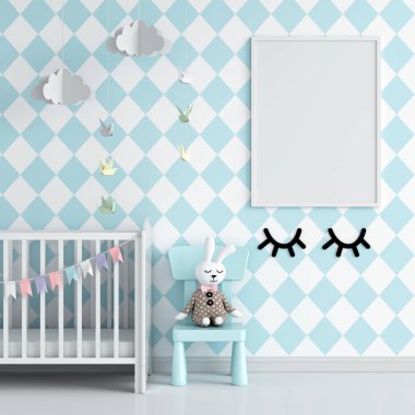 Blank photo frame for mockup in blue child room