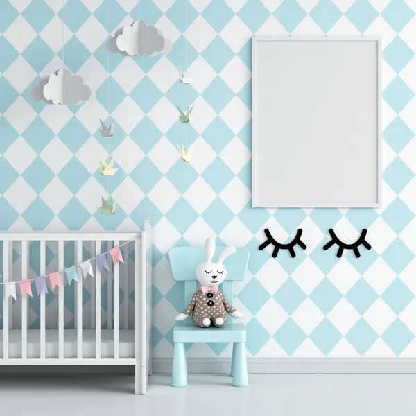 Blank photo frame for mockup in blue child room — Stockfoto