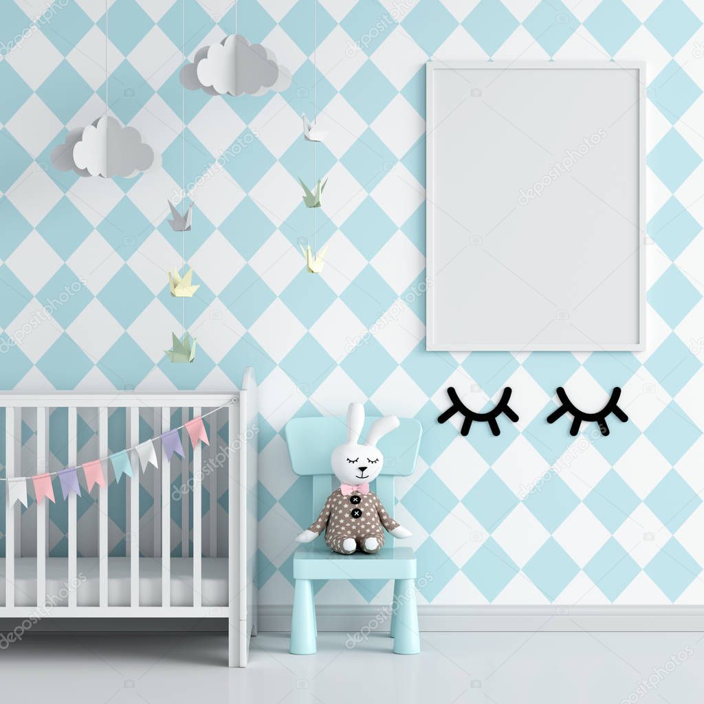 Blank photo frame for mockup in blue child room