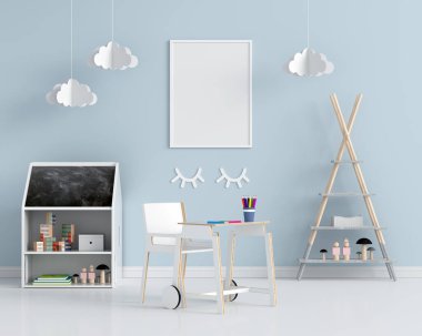Mavi çocuk odasındaki boş fotoğraf çerçevesi, 3D görüntüleme