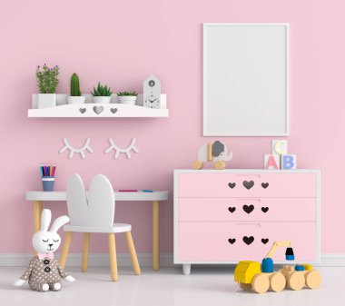 Duvardaki boş fotoğraf çerçevesi pembe çocuk odasındaki modeller için, 3D görüntüleme