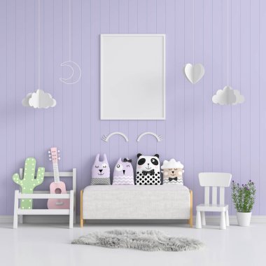 Çocuk odasında mockup için boş fotoğraf çerçevesi, 3d render
