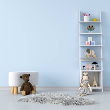 Mavi çocuk odasındaki tezgah ve oyuncak bebek. Model için iç mekan, 3 boyutlu.