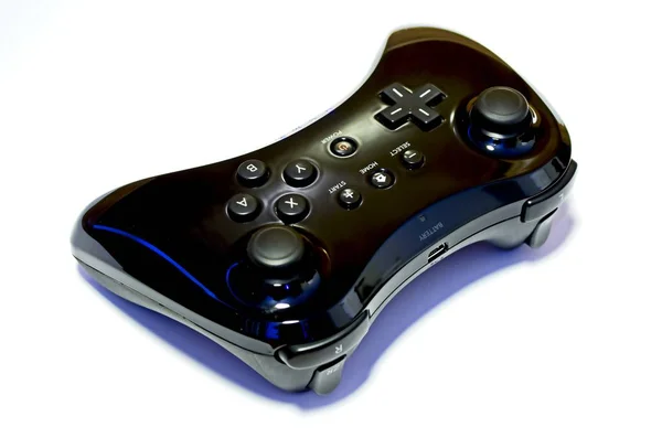 Black Wireless Game Controller White Background Blue Lights — Stock Photo, Image