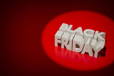 Kırmızı arkaplanda beyaz siyah cuma başlığı ve soldaki boşluk 3D illüstrasyon