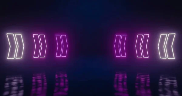 Magenta neon arrows on blackish background. 3d illustration