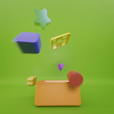 Oyuncak kutusundan çıkan renkli geometri oyuncakları. Çocuk oyunu. 3B illüstrasyon