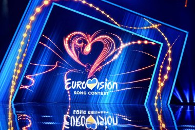 KYIV, UKRAINE - FEBRUARY 15, 2020: Scene with Logo Eurovision during national selection during the Eurovision-2020 from Ukraine