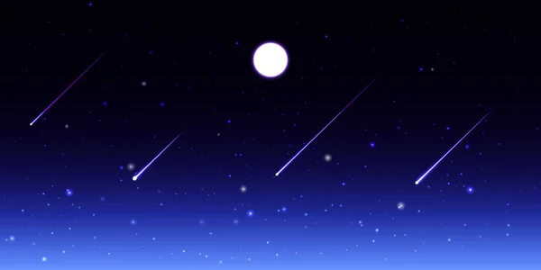 Vetor céu noturno com lua e estrelas cadentes — Vetor de Stock