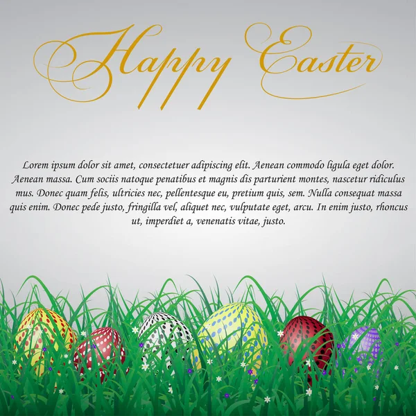 Huevos de Pascua con círculos en la hierba sobre un fondo blanco brillante con flores. Con texto — Vector de stock