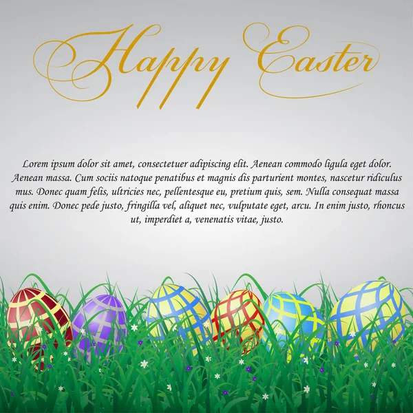 Huevos de Pascua con malla en hierba sobre un fondo blanco brillante con flores. Con texto — Vector de stock