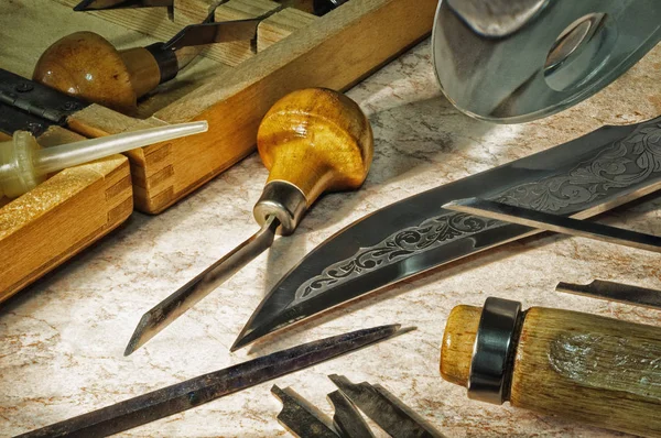 Werkzeuge für die manuelle Metallgravur. — Stockfoto