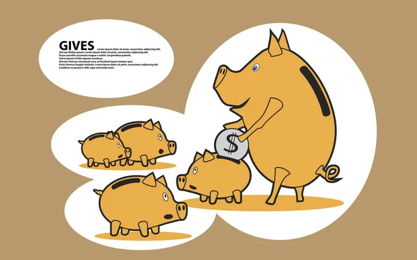 Cerdito comparte sus monedas — Vector de stock