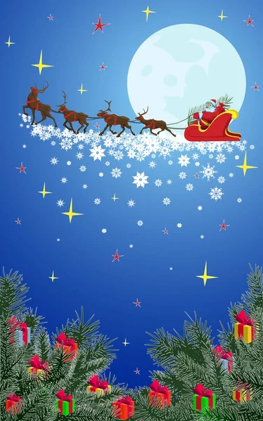 Santa Claus en un trineo de renos — Vector de stock