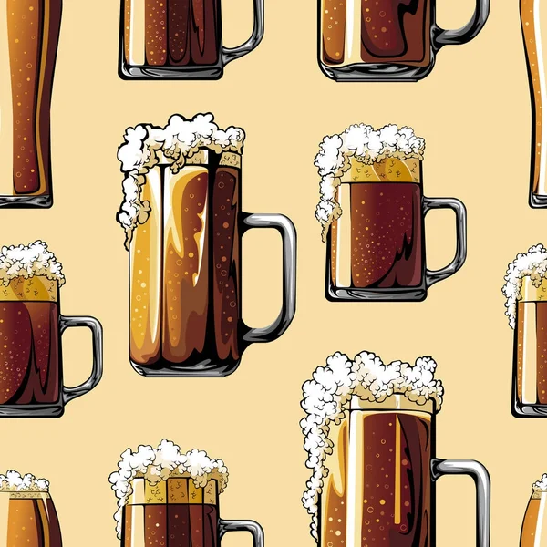 Patrón ilustrado de tazas de cerveza — Vector de stock