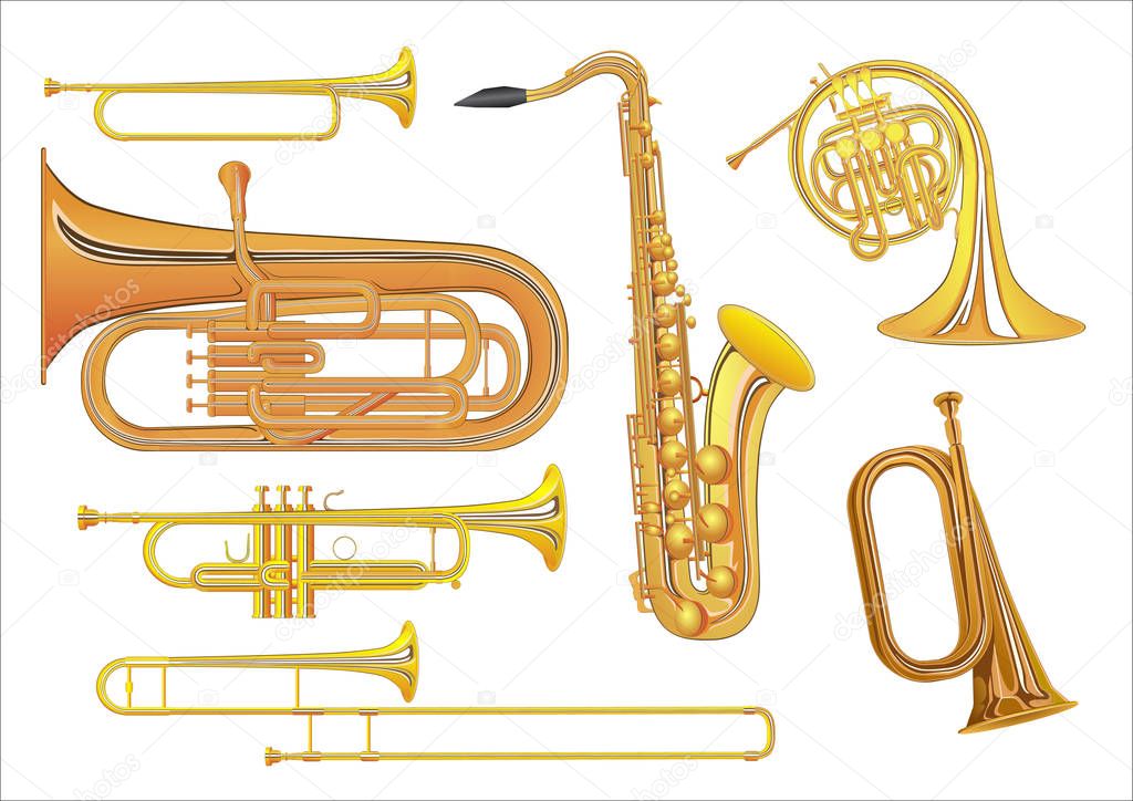A set of illustrations of wind musical instruments