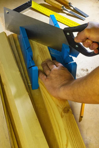 For sawing parts at an angle with a miter box and a hacksaw — 图库照片#