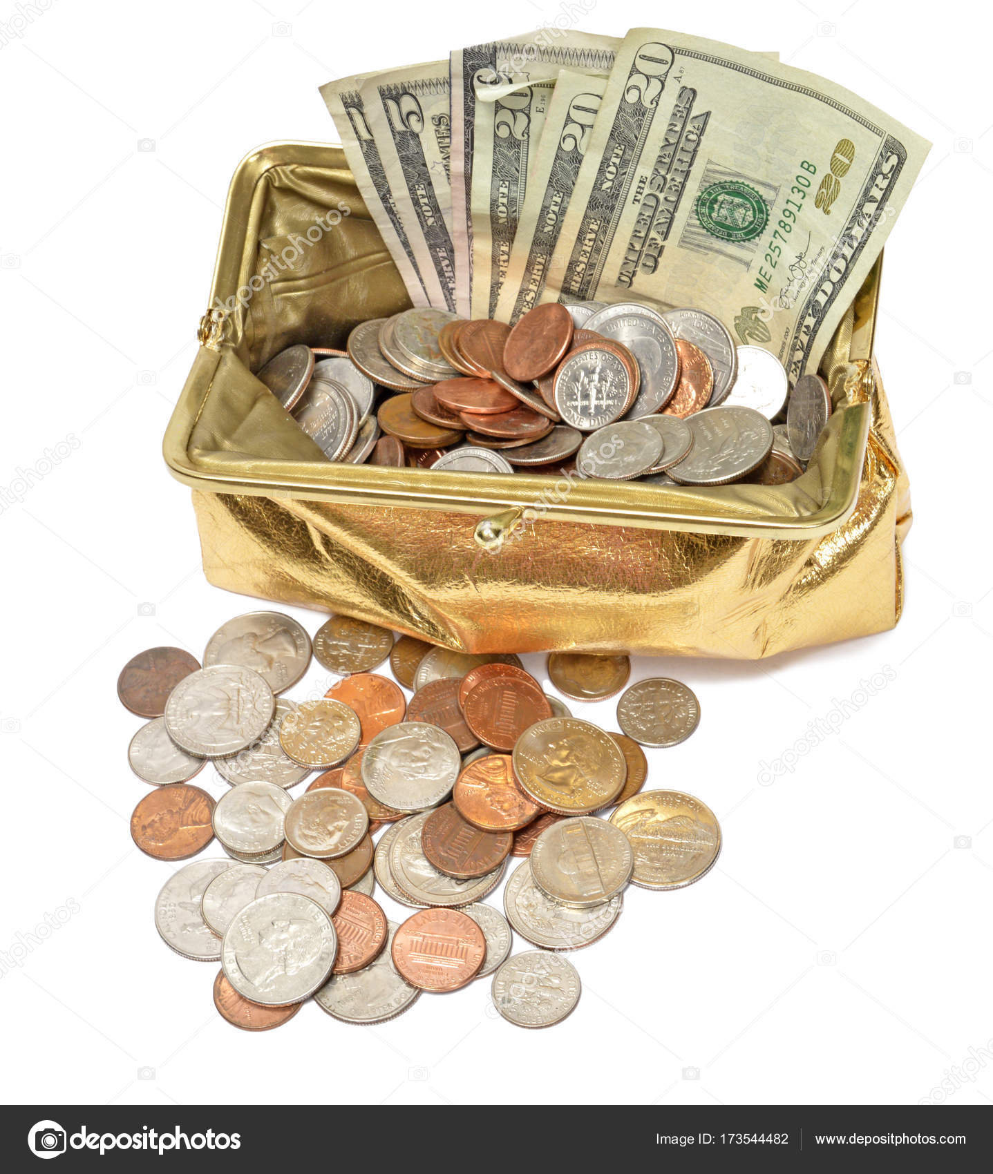 Gold Coin Purse With Cash And Coins Stock Photo Image By Whitestar1955 173544482