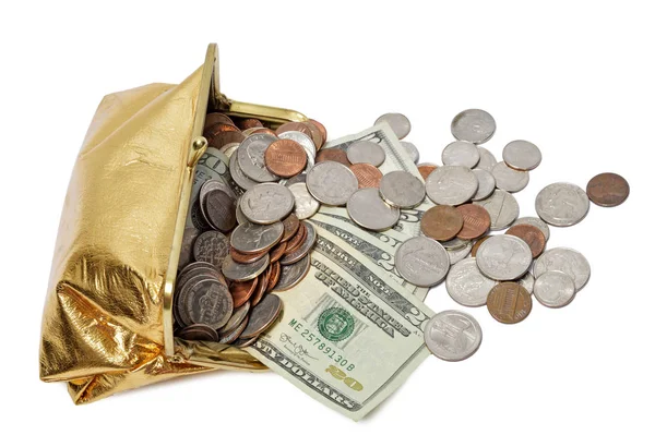 Gold Coin táska készpénz folyik — Stock Fotó