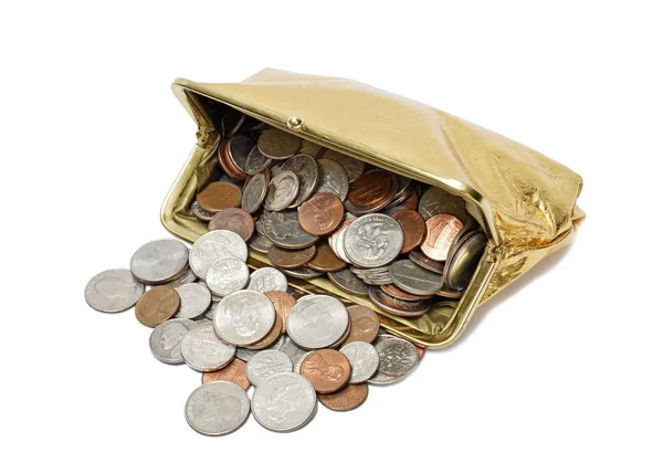 Zlatá mince kabelku rozlití mince — Stock fotografie
