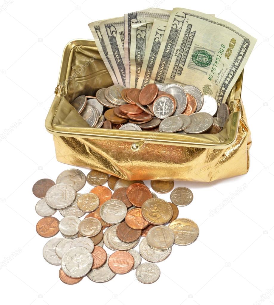 Gold Coin Purse With Cash And Coins