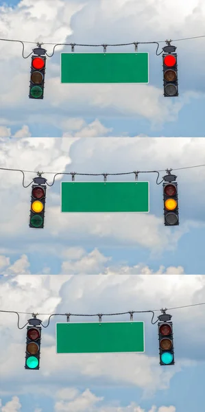 Feux de circulation rouges jaunes et verts avec panneau de rue vide Betwe — Photo