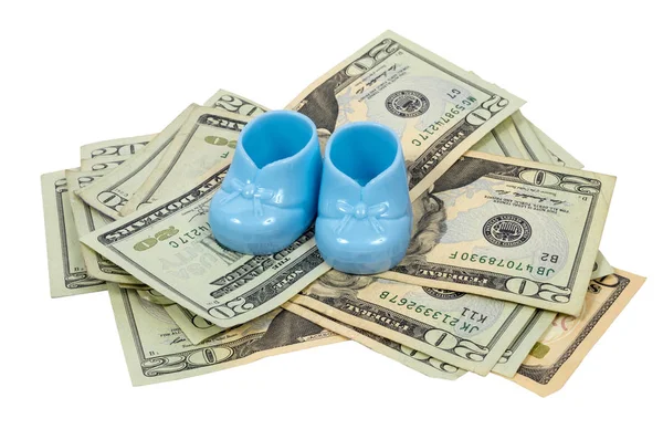 Blue Baby Booties Resting on a Pile of Twenty Dollar Bills — Stock Photo, Image