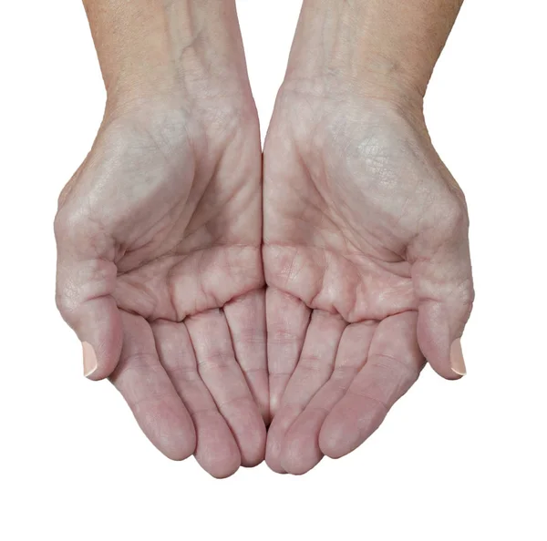 Närbild av en äldre kvinnas händer kupade. — Stockfoto
