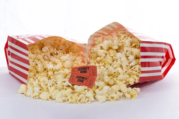 Horizontal Shot Two Bags Popcorn Laying Each Other Spilling Popcorn — Stock Photo, Image