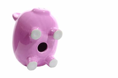 Doğrulup duran pembe bir kumbaranın yatay çekimi. Alt tarafı kameraya bakıyor ve sol tarafındaki boşluğu gösteriyor. Beyaz arka plan. Boşluğu kopyala.