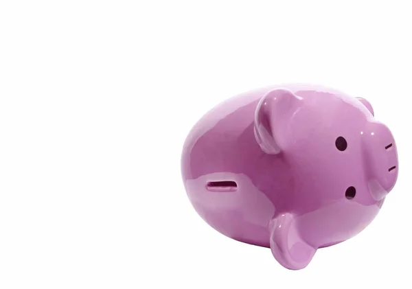 Horizontal Shot Pink Piggy Bank Lying Its Side Slot Facing — Stock Photo, Image